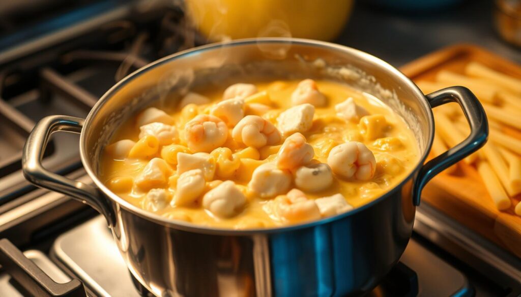 Cheesy Seafood Mac and Cheese Sauce Preparation